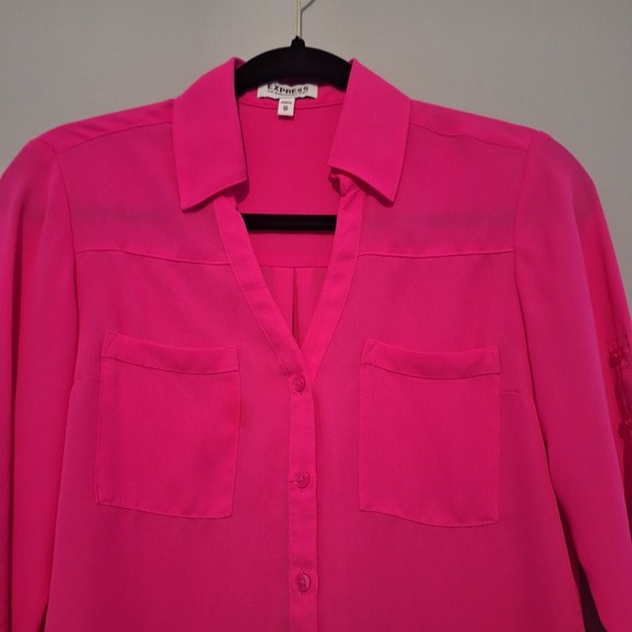 Express Portofino Shirt Blouse Womans XS Hot Pink Button Up‎ Career  Semi Sheer - Picture 1 of 10